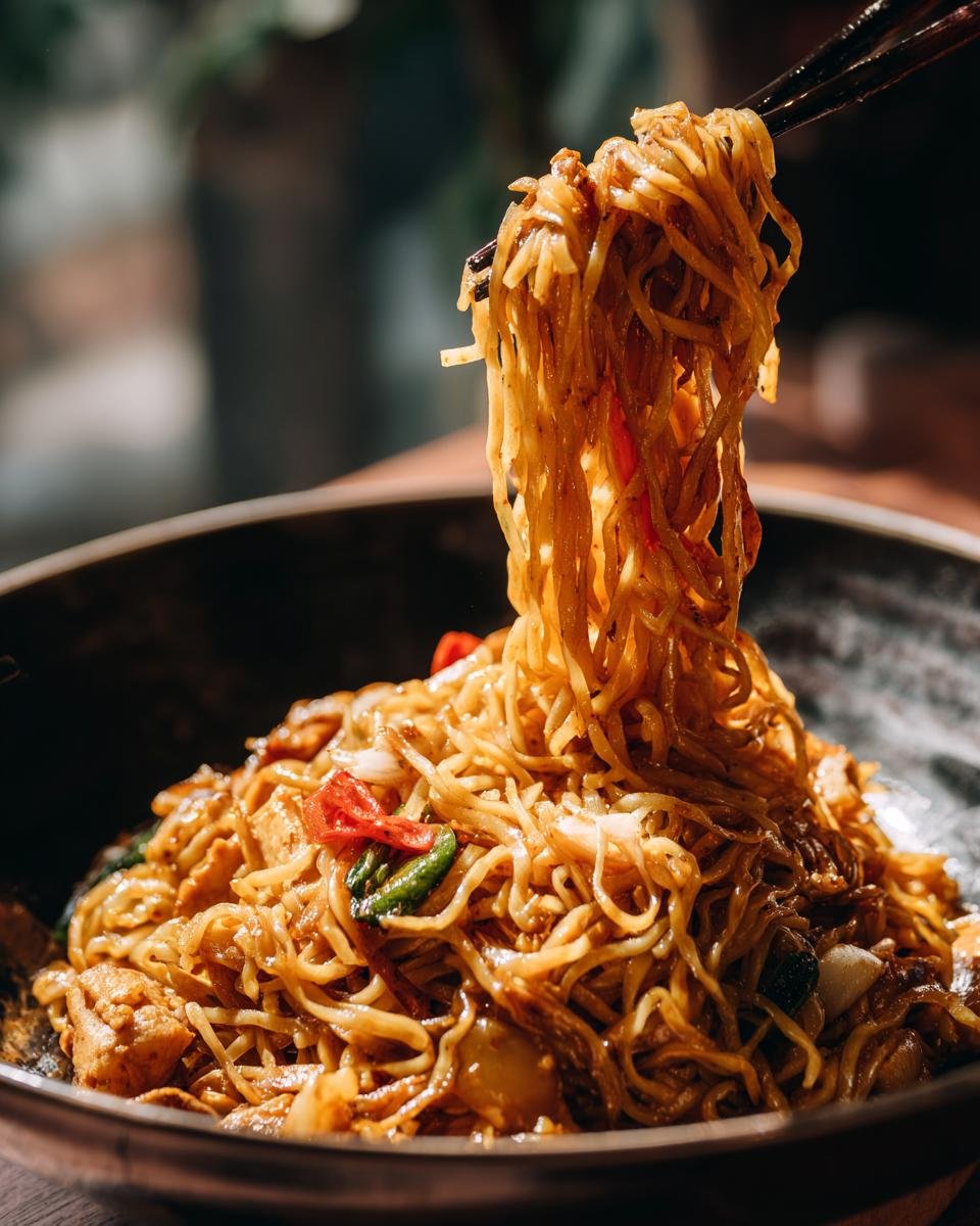 Close-up of Sticky Garlic Chicken Noodles being lifted with chopsticks, showing chicken and vegetables.