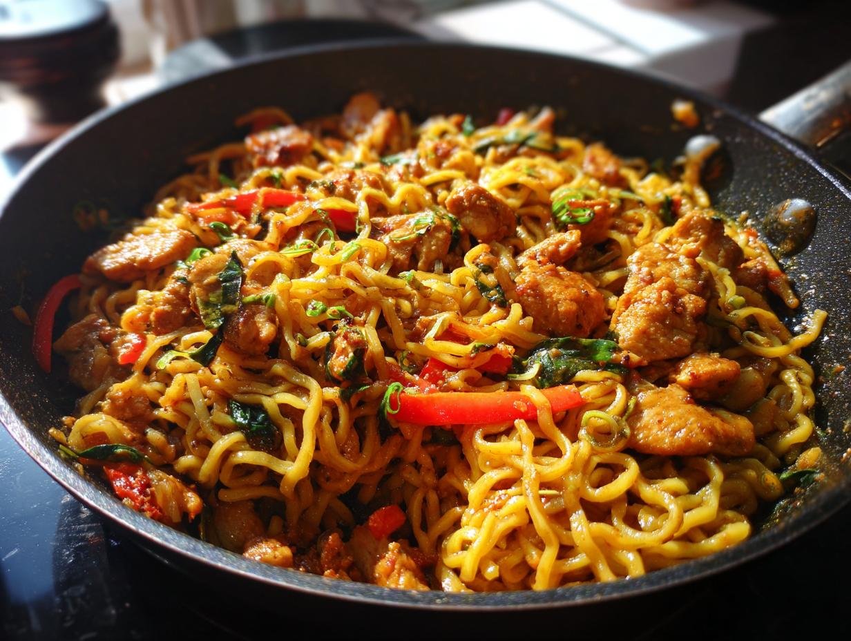 Pan of flavorful Sticky Garlic Chicken Noodles with red bell peppers and green onions.