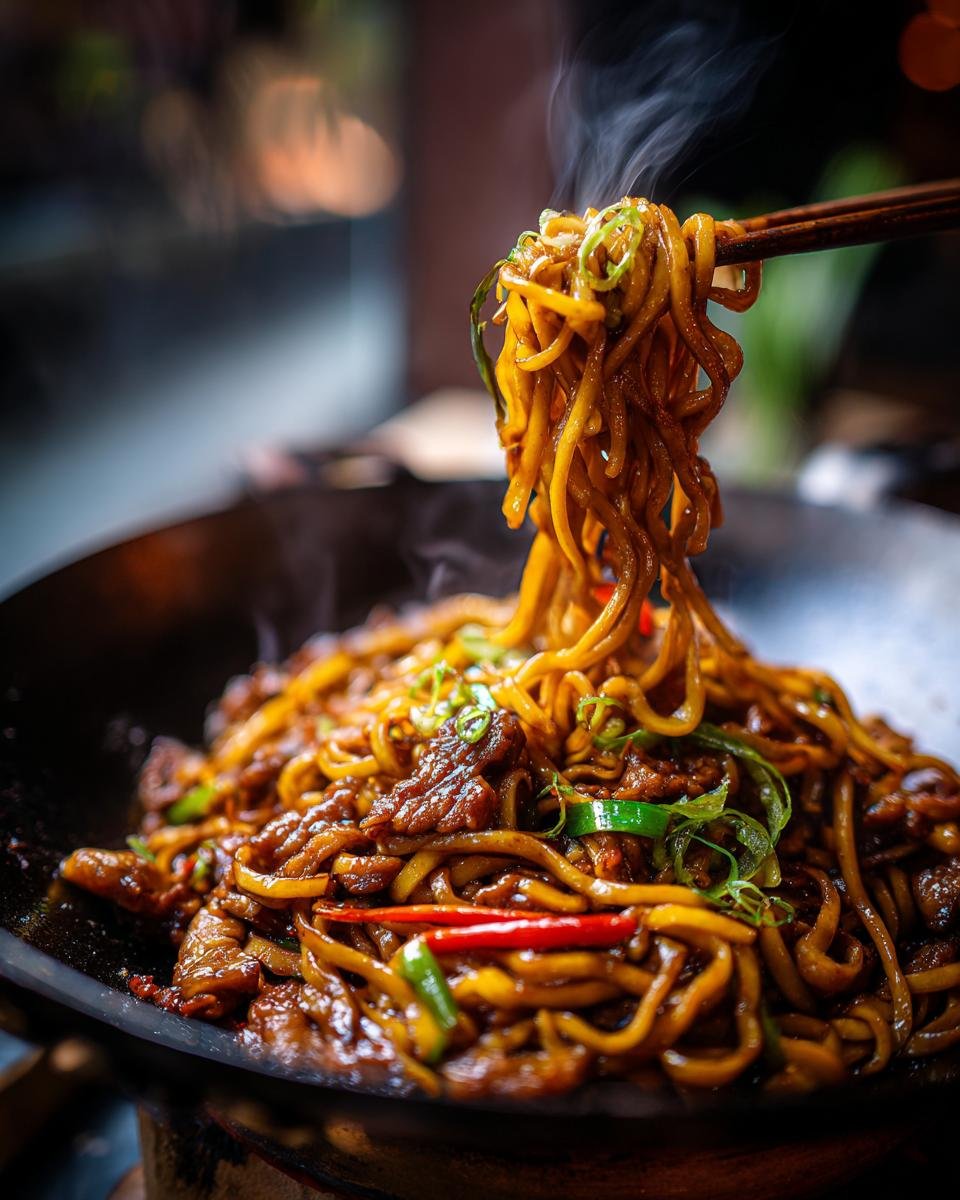 Close-up of steaming Sticky Garlic Chicken Noodles in a wok, garnished with scallions and chili peppers.