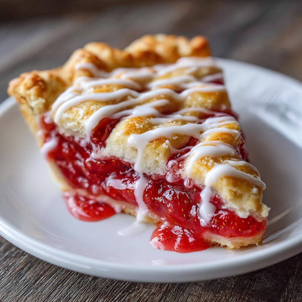 A delicious slice of Strawberry Pop Tart Pie with a flaky crust and sweet glaze.