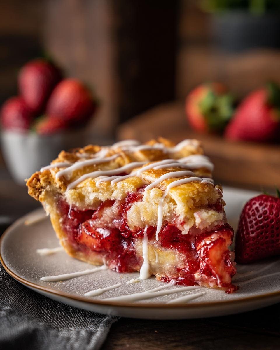 A slice of homemade Strawberry Pop Tart Pie with a flaky crust and sweet glaze.