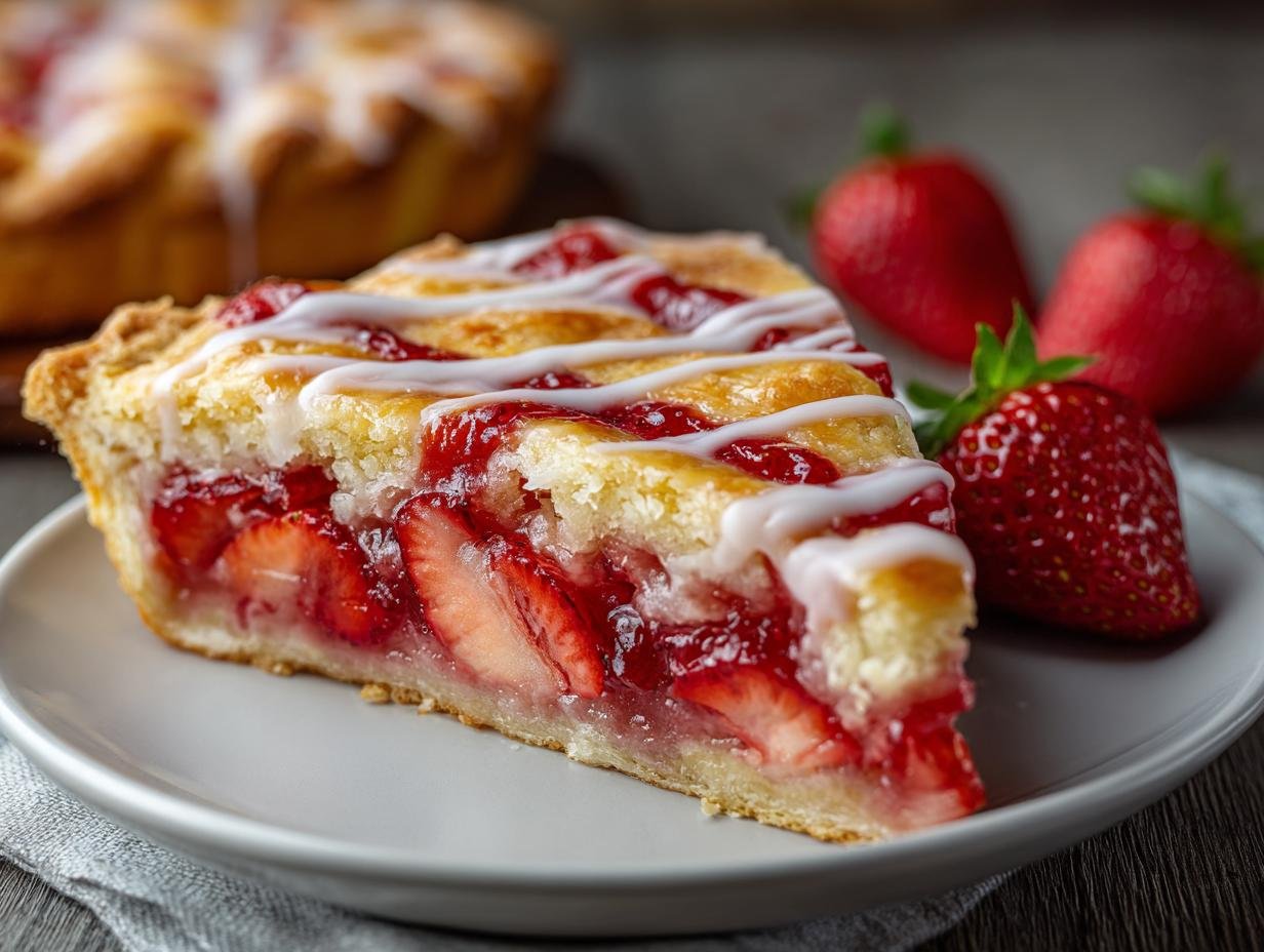 A delicious slice of Strawberry Pop Tart Pie with fresh strawberries and icing drizzle.