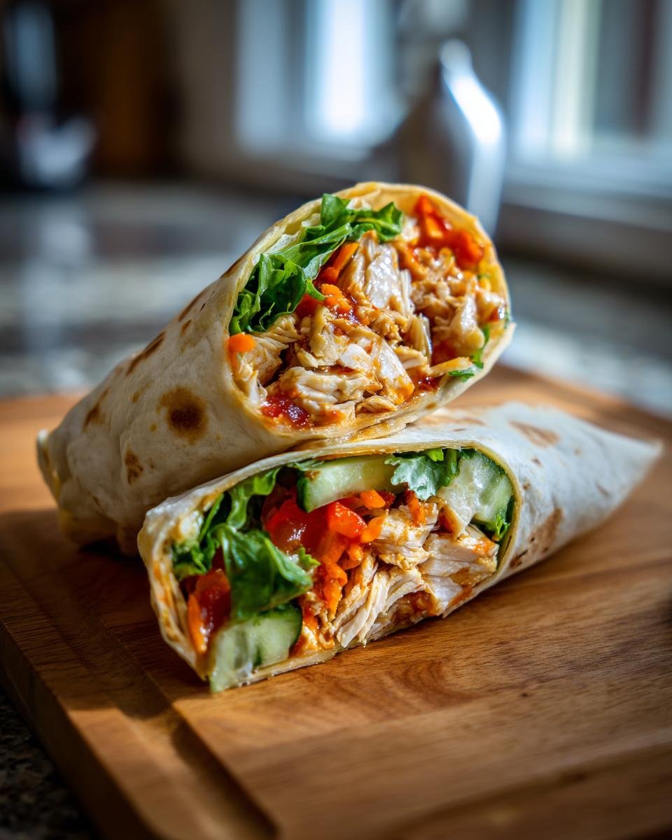 Two Sweet Chili Chicken Wraps cut in half, showcasing chicken, lettuce, carrots, and cucumber filling.