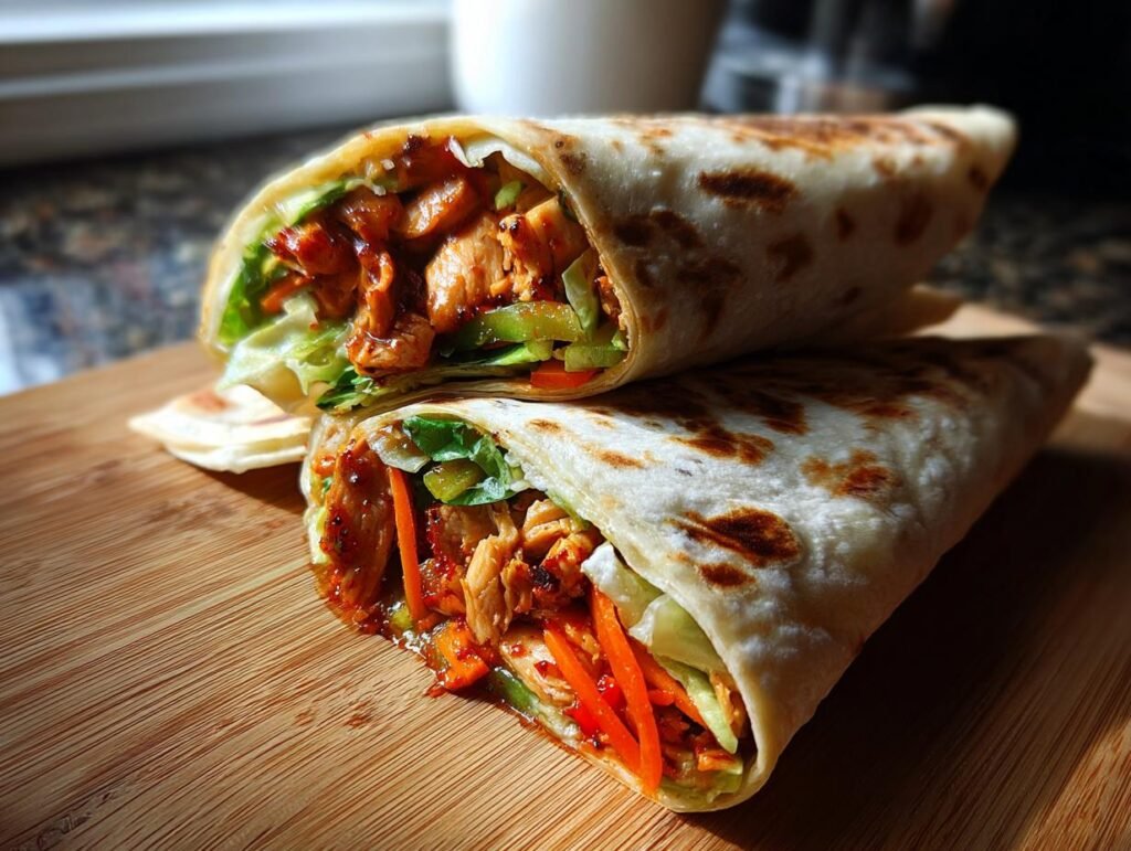 Two Sweet Chili Chicken Wraps stacked on a wooden board, showcasing the chicken and vegetable filling.