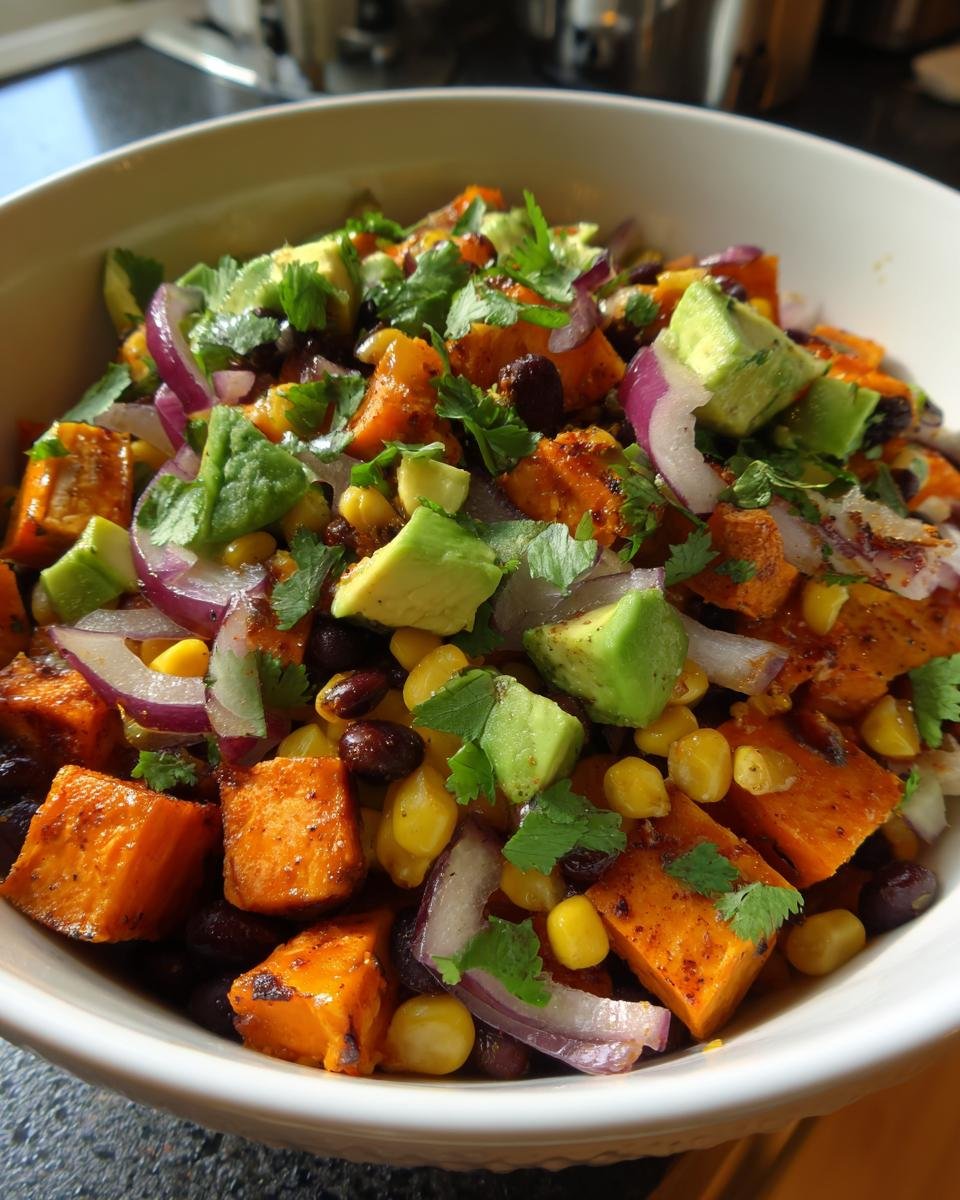 Close-up of colorful Sweet Potato Bowls with roasted sweet potatoes, avocado, corn, black beans, and red onion.