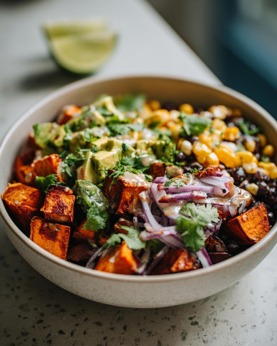 Close-up of a Sweet Potato Bowl filled with roasted sweet potatoes, black beans, corn, avocado, and red onion.