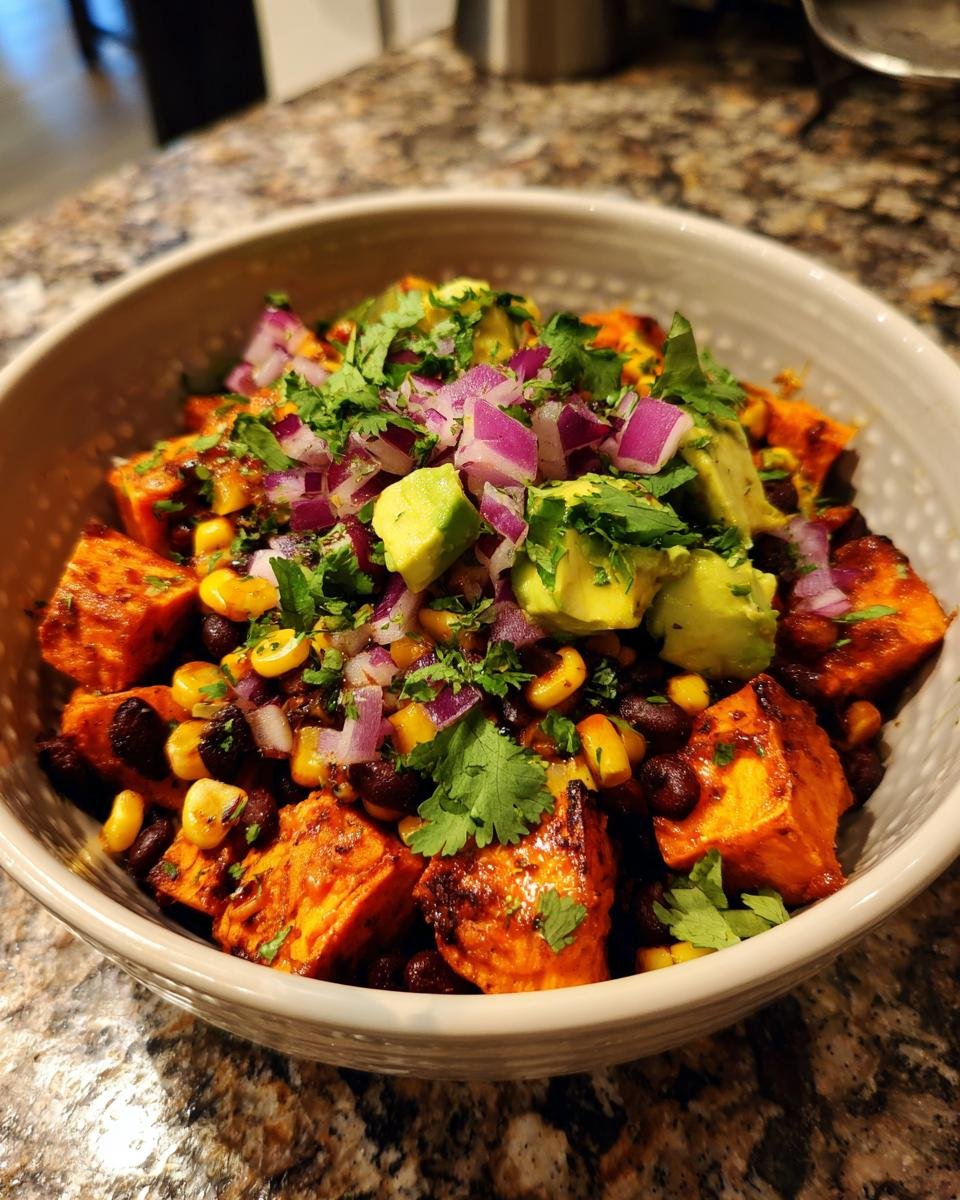A delicious Sweet Potato Bowls featuring roasted sweet potatoes, black beans, corn, avocado, and red onion.