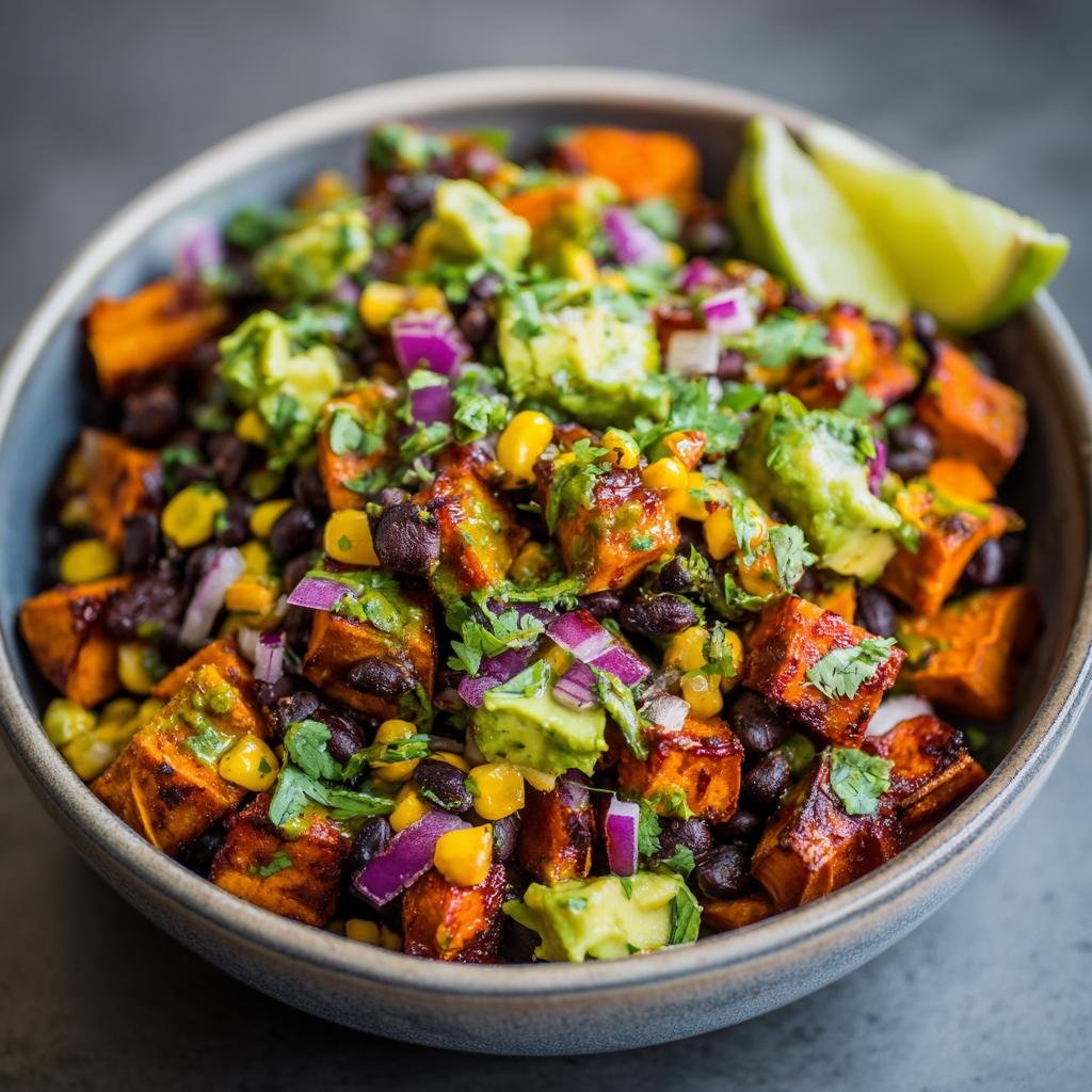 Close-up of Sweet Potato Bowls with roasted sweet potatoes, black beans, corn, avocado, red onion, and a lime wedge.