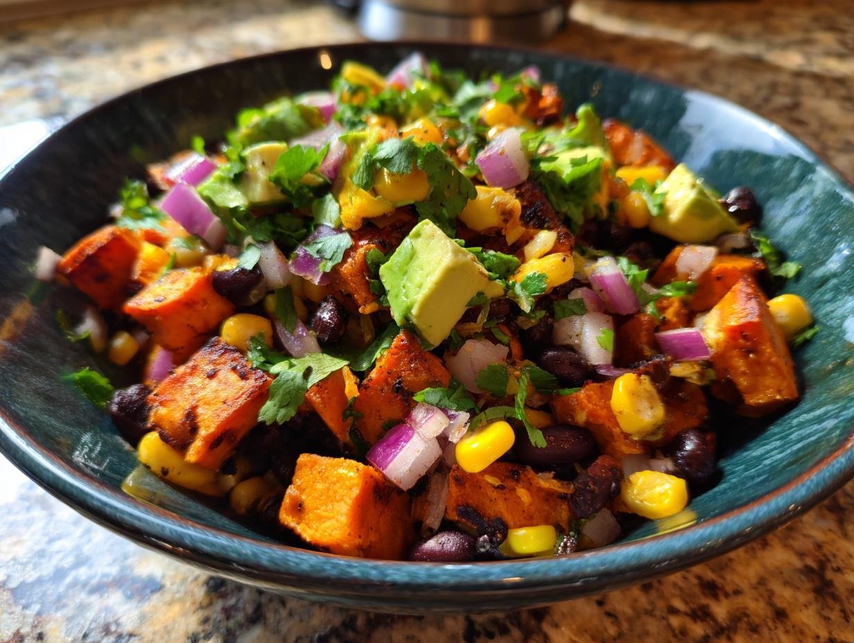 A vibrant Sweet Potato Bowl with roasted sweet potatoes, black beans, corn, avocado, and red onion.
