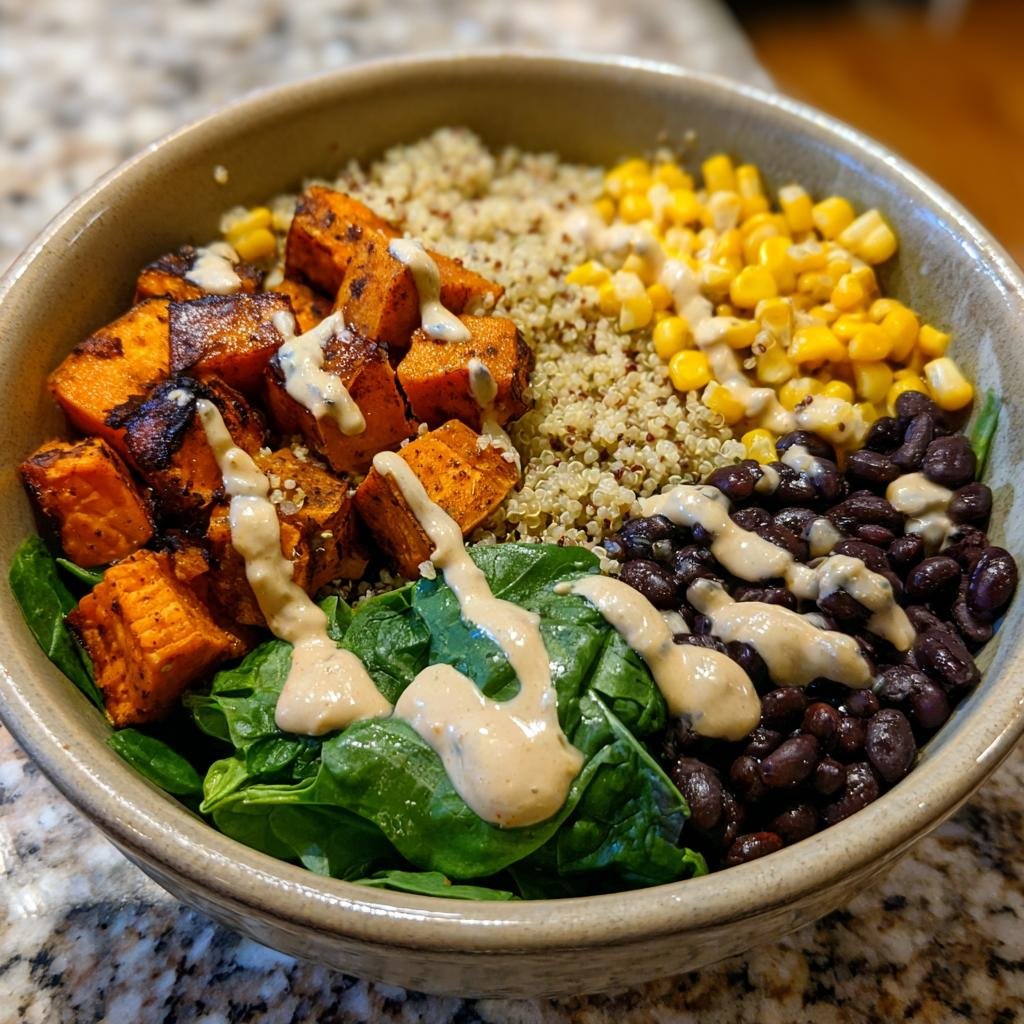 A vibrant Sweet Potato Buddha Bowl with roasted sweet potatoes, quinoa, corn, black beans, and spinach, drizzled with sauce.