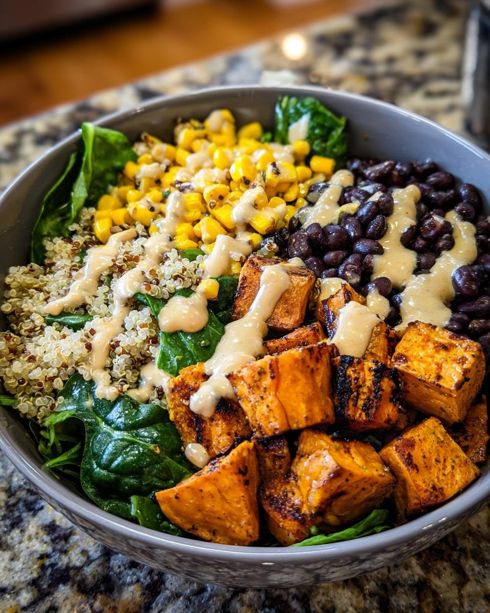 Overhead shot of a Sweet Potato Buddha Bowl with spinach, corn, black beans, quinoa, and a creamy dressing.
