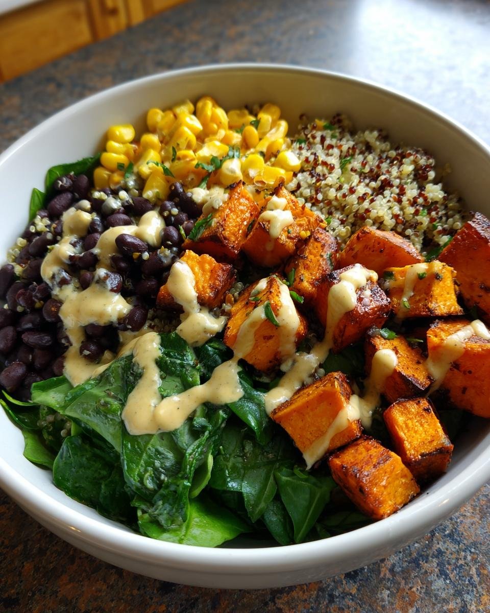A vibrant Sweet Potato Buddha Bowl with roasted sweet potatoes, black beans, corn, quinoa, and spinach, drizzled with sauce.