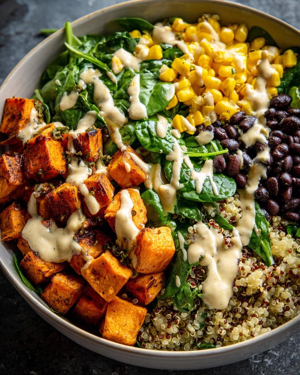Overhead shot of a colorful Sweet Potato Buddha Bowl with sweet potatoes, corn, spinach, beans, quinoa and dressing.