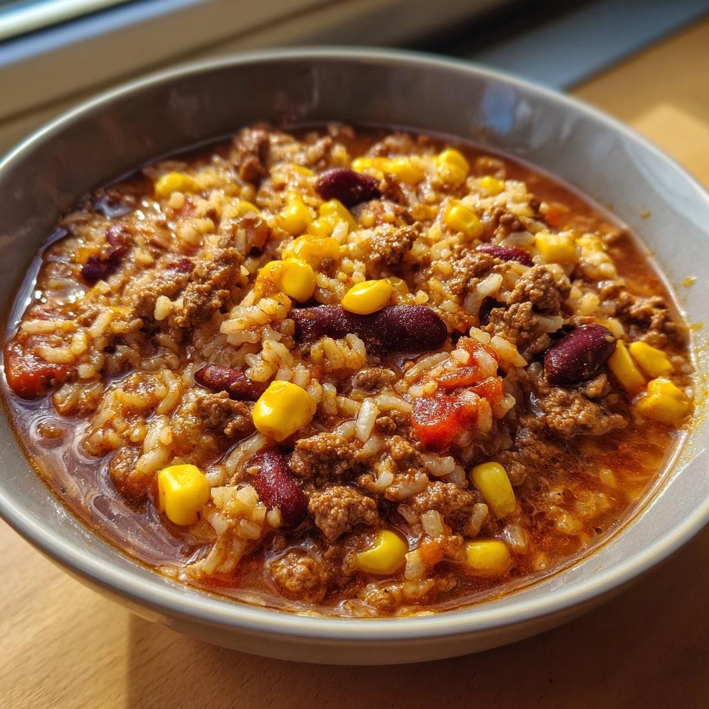 A close-up of a bowl of Taco Rice Soup, featuring ground beef, rice, corn, and kidney beans.