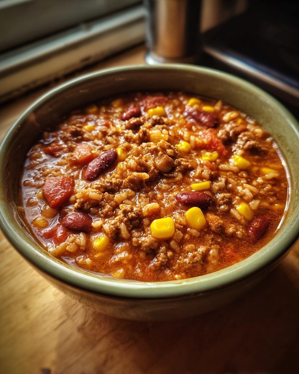 A close-up of a bowl of Taco Rice Soup, filled with ground beef, rice, corn, beans, and tomatoes.