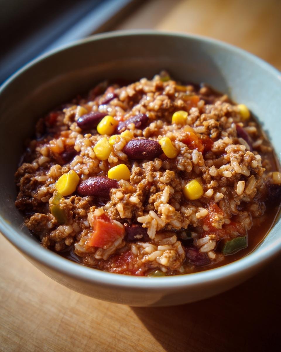 A close-up of a bowl of Taco Rice Soup featuring ground beef, rice, beans, corn, and tomatoes.