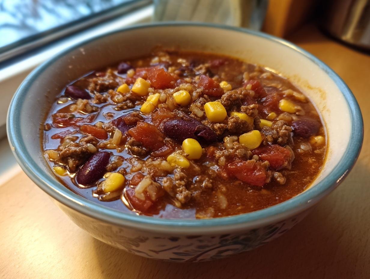 Close-up of a bowl of Taco Rice Soup, featuring ground beef, rice, corn, tomatoes, and kidney beans.