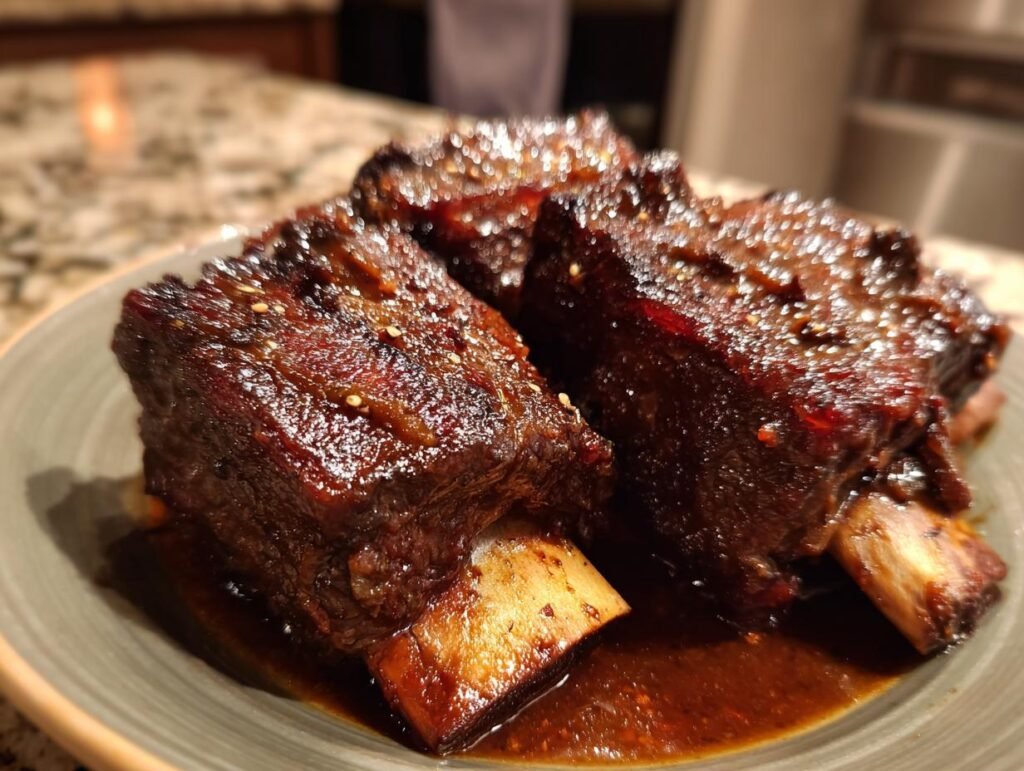 Three tender braised short ribs on a plate, glistening with sauce and sprinkled with seasonings.