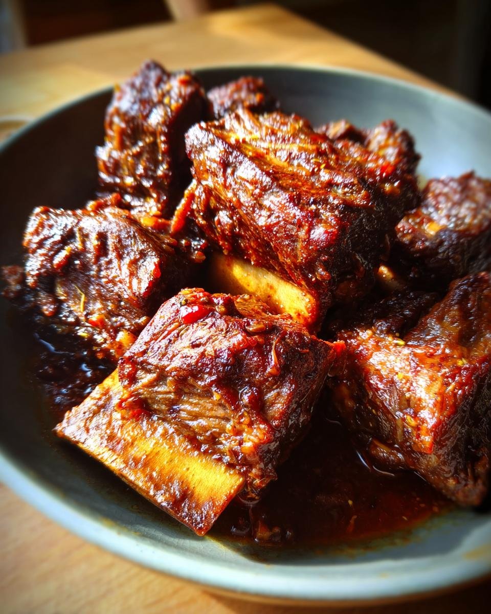 Close-up of tender braised short ribs in a bowl, showcasing the rich sauce and meat texture.