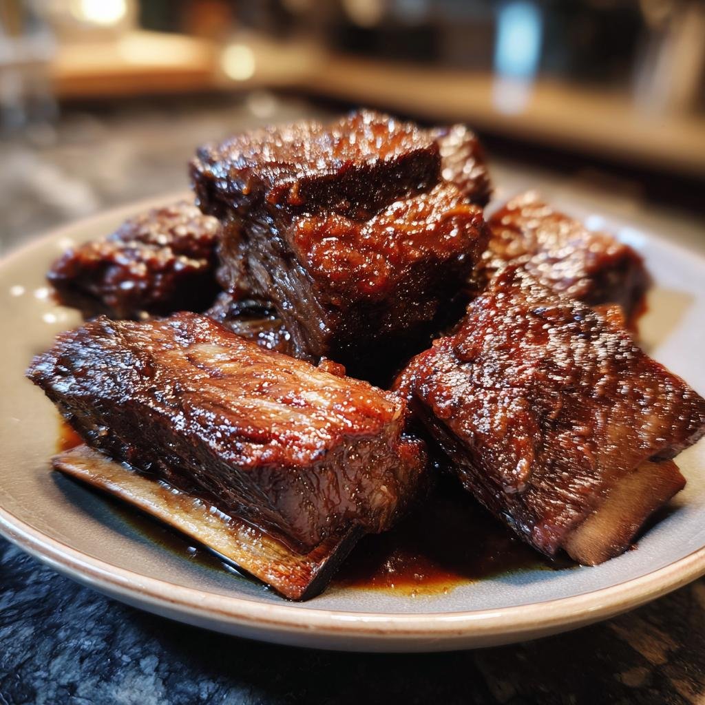 Close-up of tender braised short ribs, glistening with sauce, served on a gray plate.