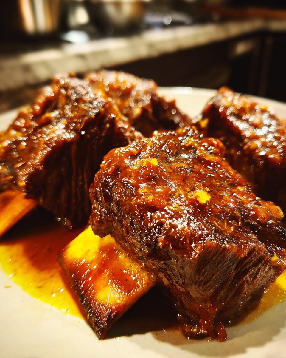 Close-up of plated Tender Braised Short Ribs with a rich, glistening sauce.