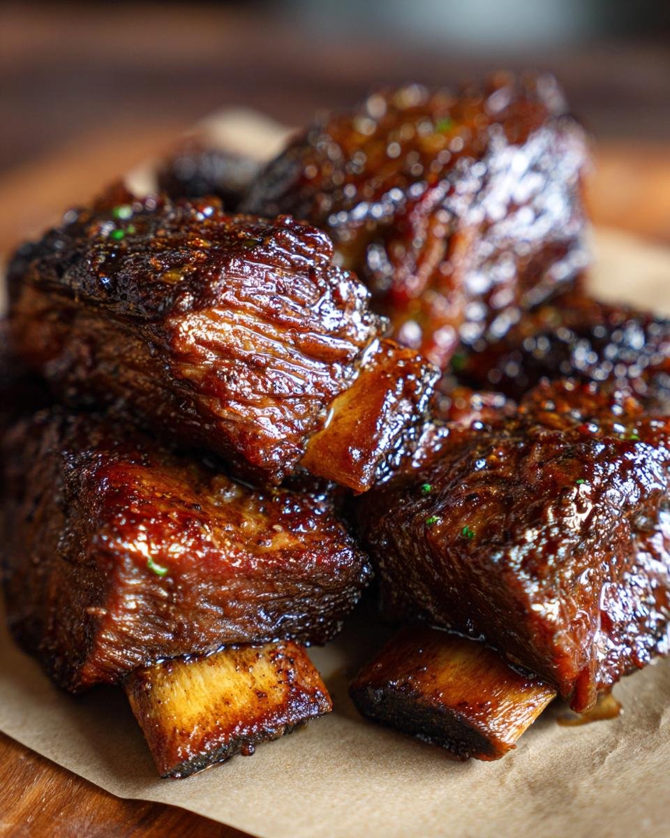 A stack of glistening, caramelized Tender Braised Short Ribs on parchment paper, ready to serve.