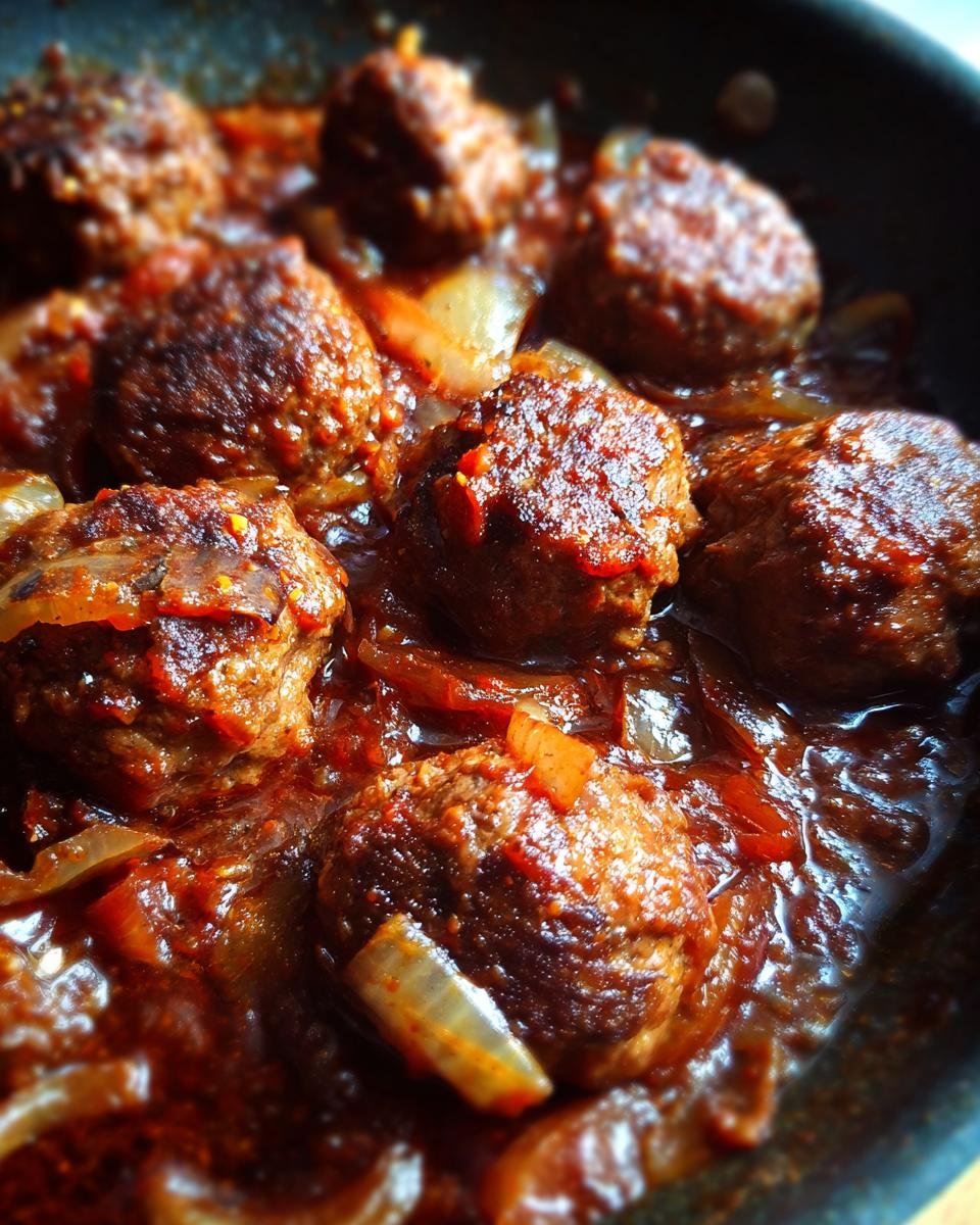Close-up of Tender Red Wine Meatballs simmering in a rich, flavorful sauce with onions.
