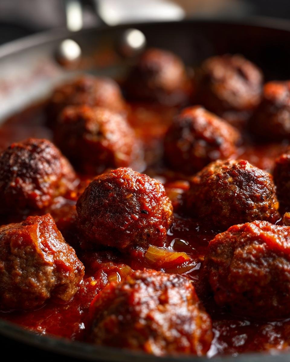 Close-up of tender red wine meatballs simmering in a rich tomato-based sauce with visible herbs and onions.