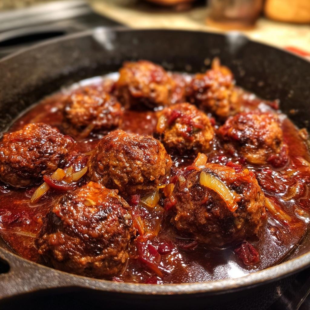 Close-up of Tender Red Wine Meatballs simmering in a cast iron skillet with a rich sauce.