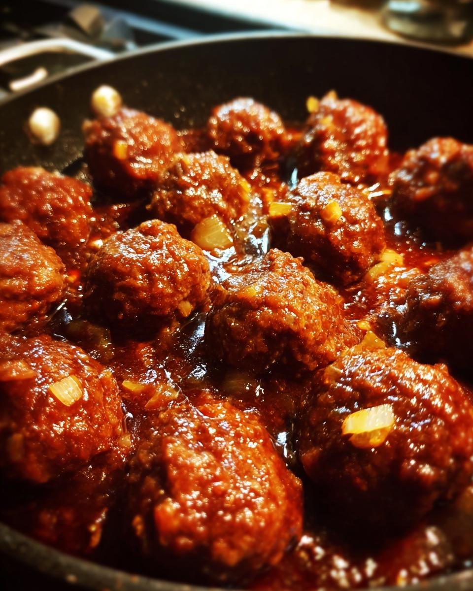 Close-up of Tender Red Wine Meatballs simmering in a pan with a rich red wine sauce and onions.