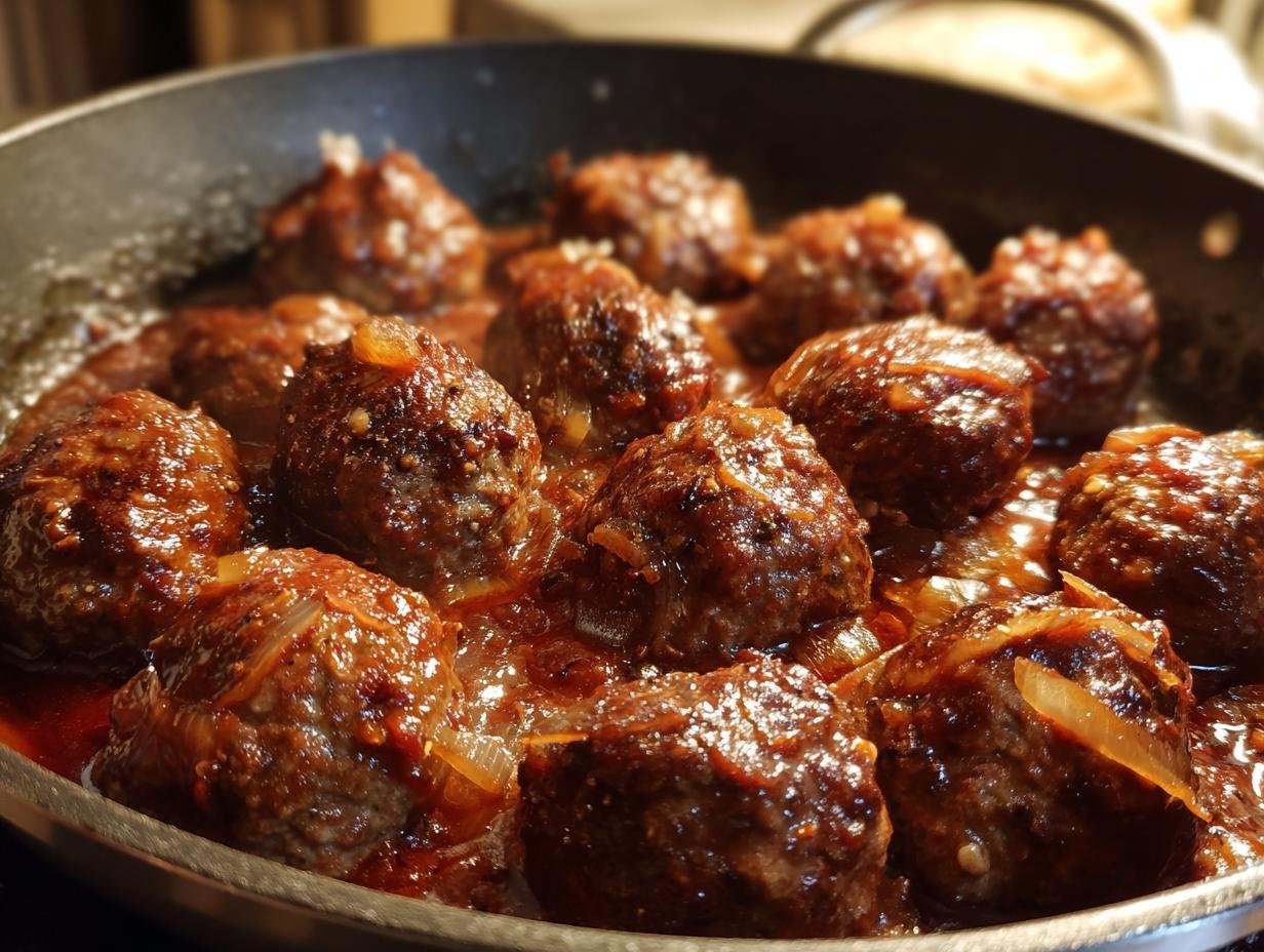 Close up of Tender Red Wine Meatballs simmering in a pan with a rich, savory sauce.