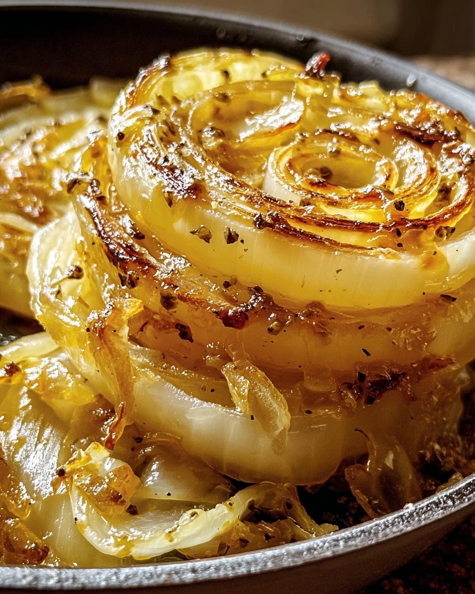 Close-up of a stack of caramelized Tennessee Onions, showcasing their sweet and tender texture.