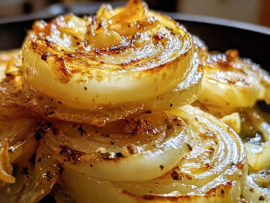 Close-up of stacked, caramelized Tennessee Onions with golden-brown edges and visible layers.