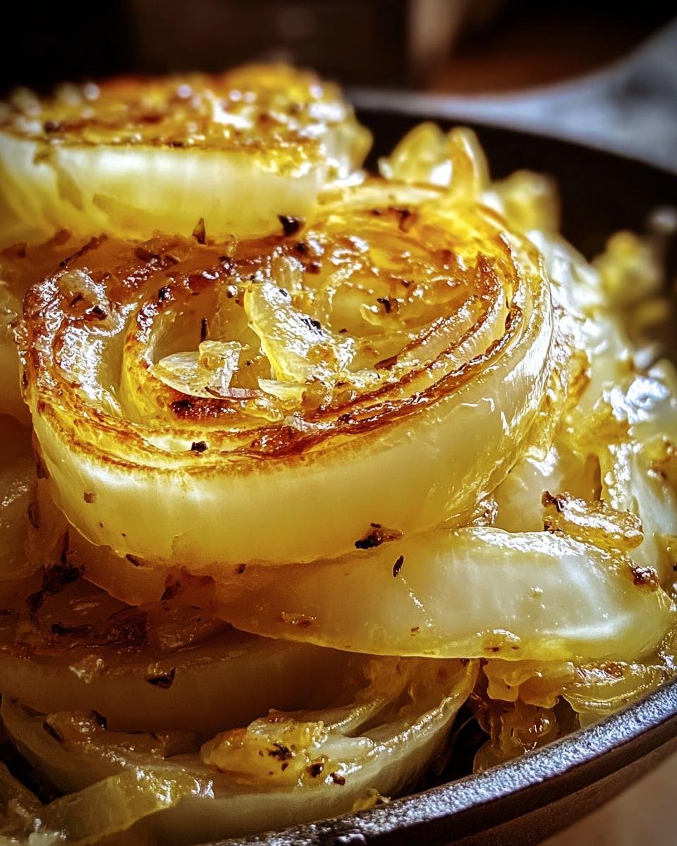 A close-up shows caramelized Tennessee Onions, stacked and glistening with a golden-brown hue.