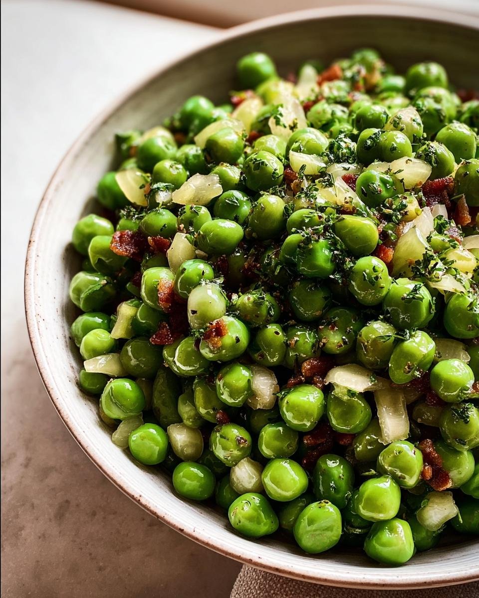 Close-up of Thanksgiving Peas in a bowl, garnished with bacon, onions, and fresh herbs.