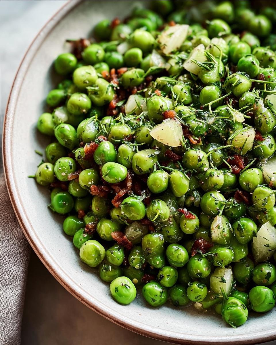 A close-up of Thanksgiving Peas featuring bright green peas, bacon bits, herbs, and diced potatoes.