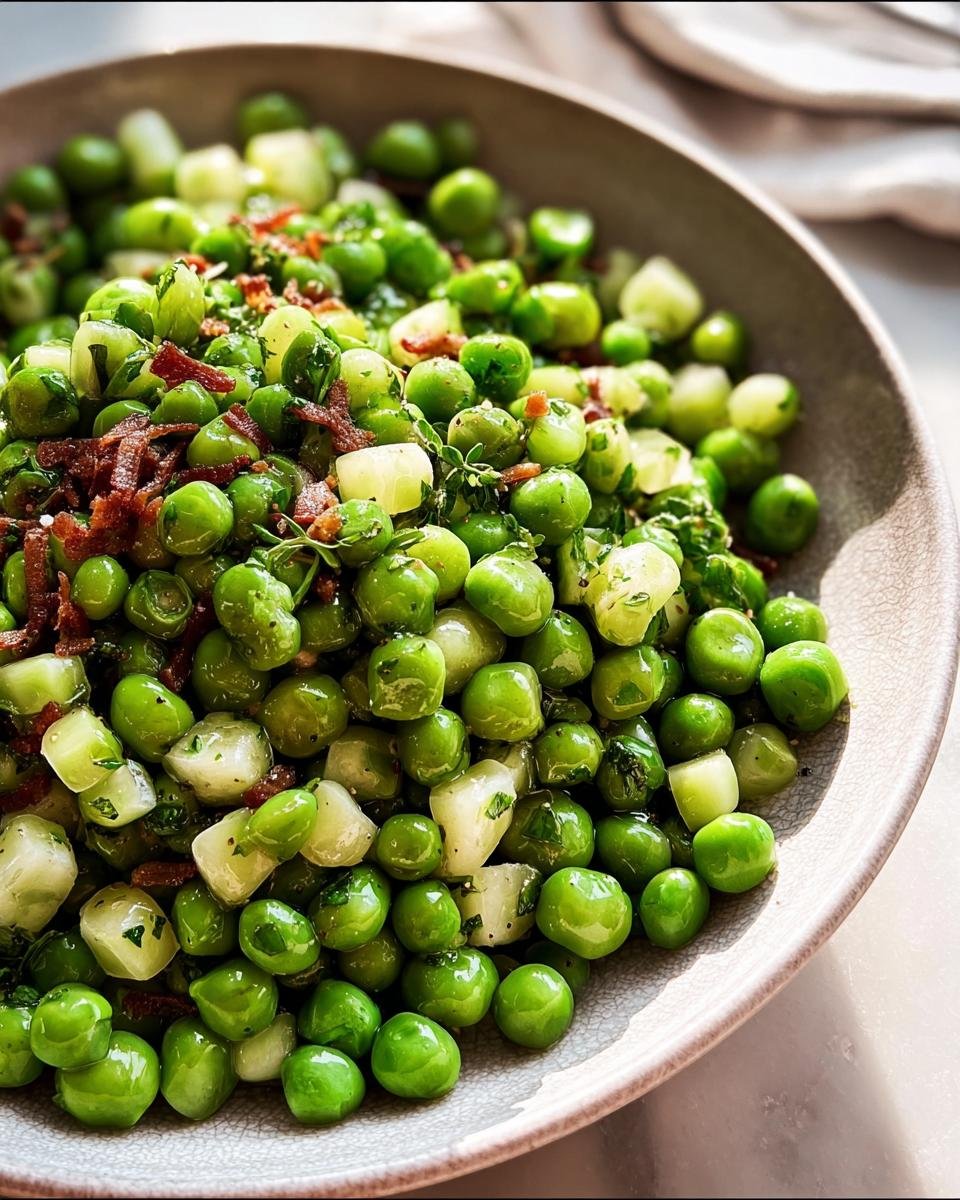 A close-up of Thanksgiving Peas in a bowl, featuring peas, diced potatoes, herbs, and bacon bits.