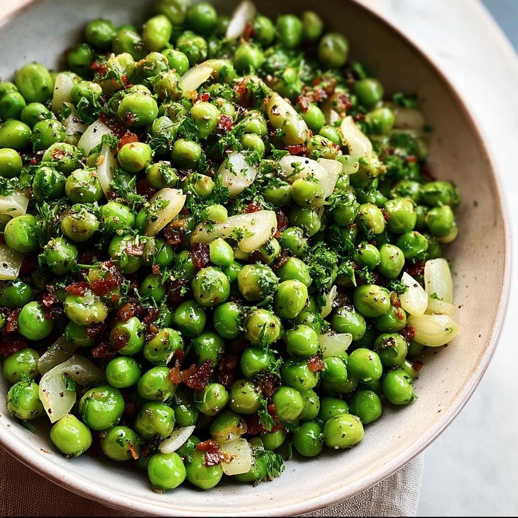 Bowl of vibrant green Thanksgiving Peas with onions, herbs, and bacon bits.