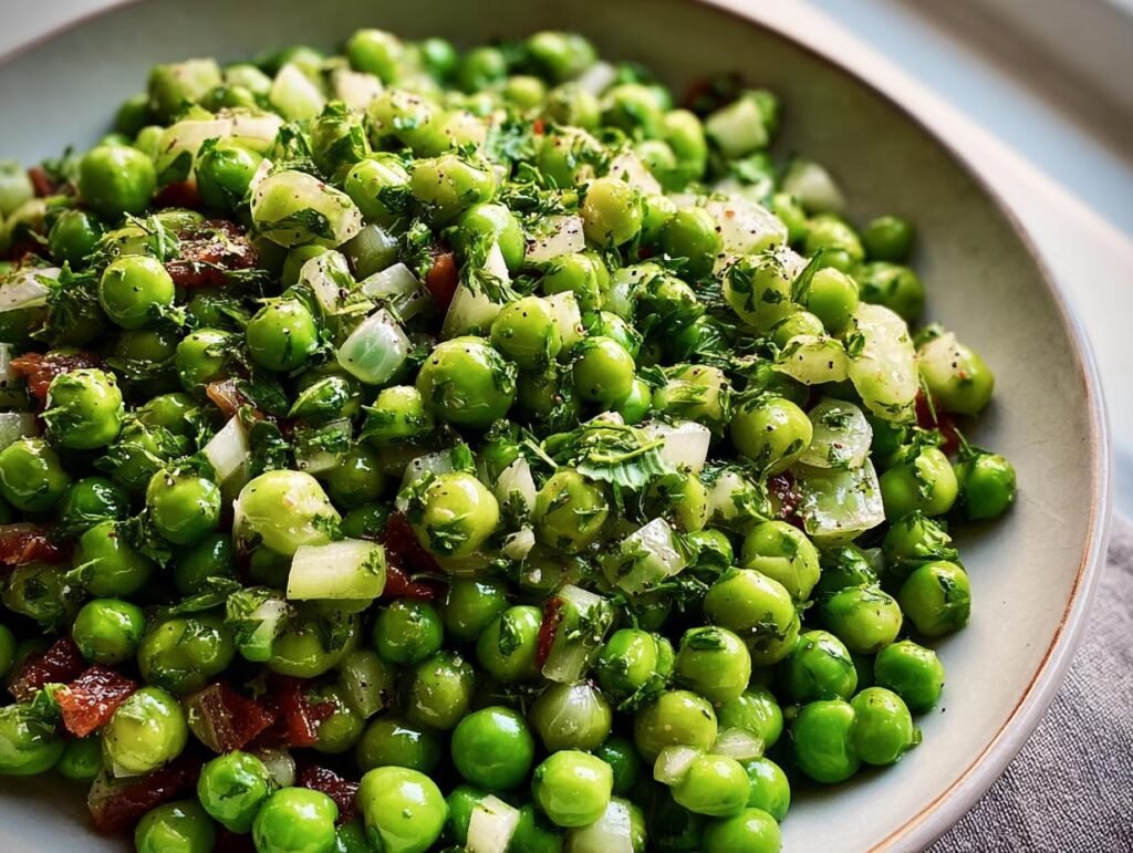 A close-up of Thanksgiving Peas in a bowl, featuring peas, onions, herbs, and seasonings.