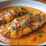 Close-up of Tilapia in Roasted Pepper Sauce, garnished with fresh parsley in a white bowl.