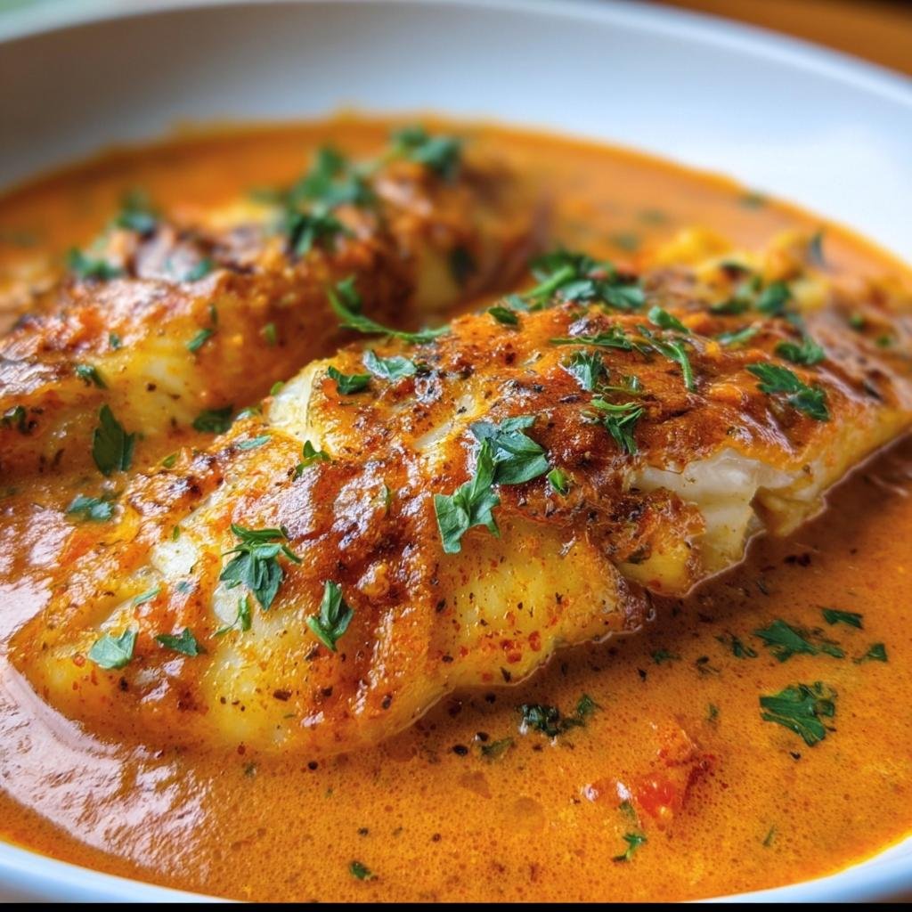Close-up of Tilapia in Roasted Pepper Sauce, garnished with fresh parsley in a white bowl.