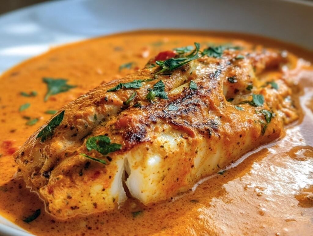 Close-up of Tilapia in Roasted Pepper Sauce, garnished with fresh parsley, served on a white plate.