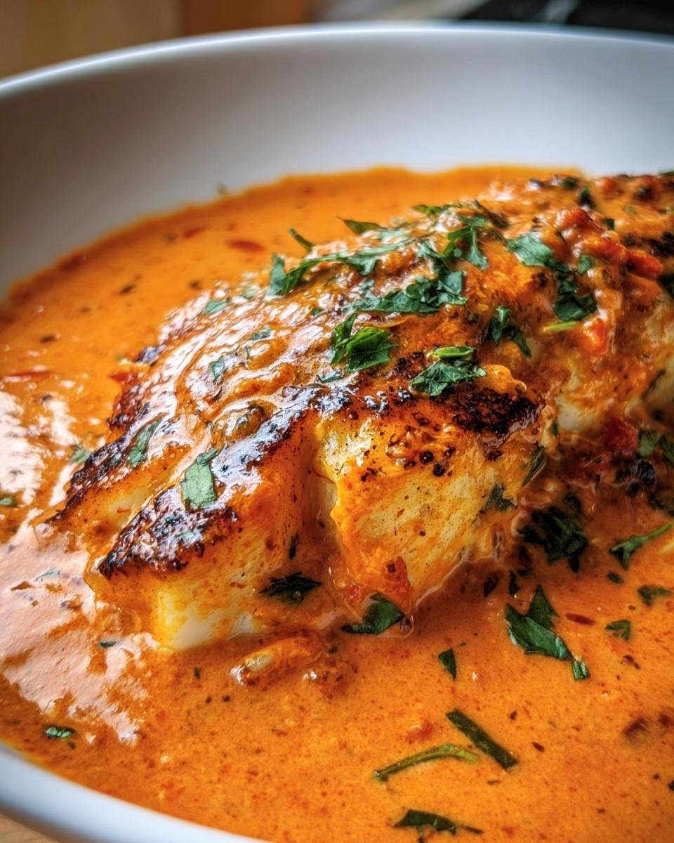 Close-up of Tilapia in Roasted Pepper Sauce, garnished with fresh herbs, in a white bowl.