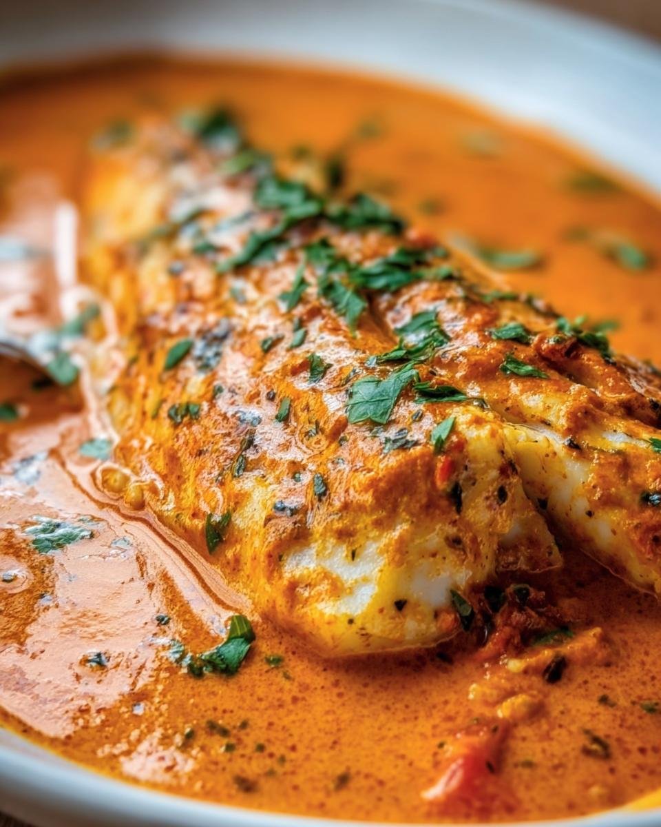 Close-up of Tilapia in Roasted Pepper Sauce, garnished with fresh parsley in a white bowl.