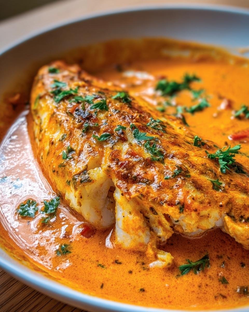 Close-up of Tilapia in Roasted Pepper Sauce, garnished with fresh herbs in a white bowl.