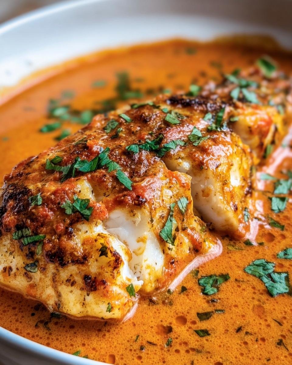 Close-up of Tilapia in Roasted Pepper Sauce, garnished with fresh parsley. Creamy, rich, and flavorful.