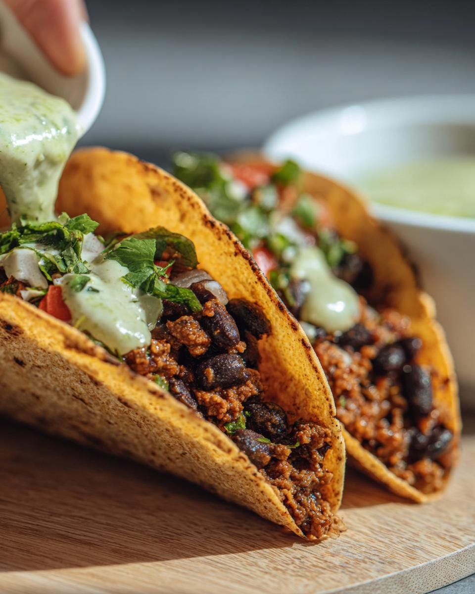 Two Turkey and Black Bean Tacos on a wooden board, one being drizzled with a creamy green sauce.