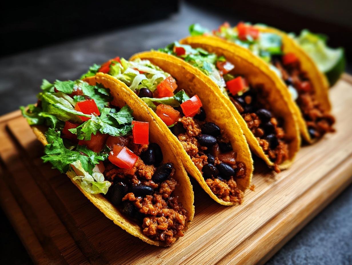 A row of tasty Turkey and Black Bean Tacos filled with ground turkey, black beans, lettuce, and tomatoes.