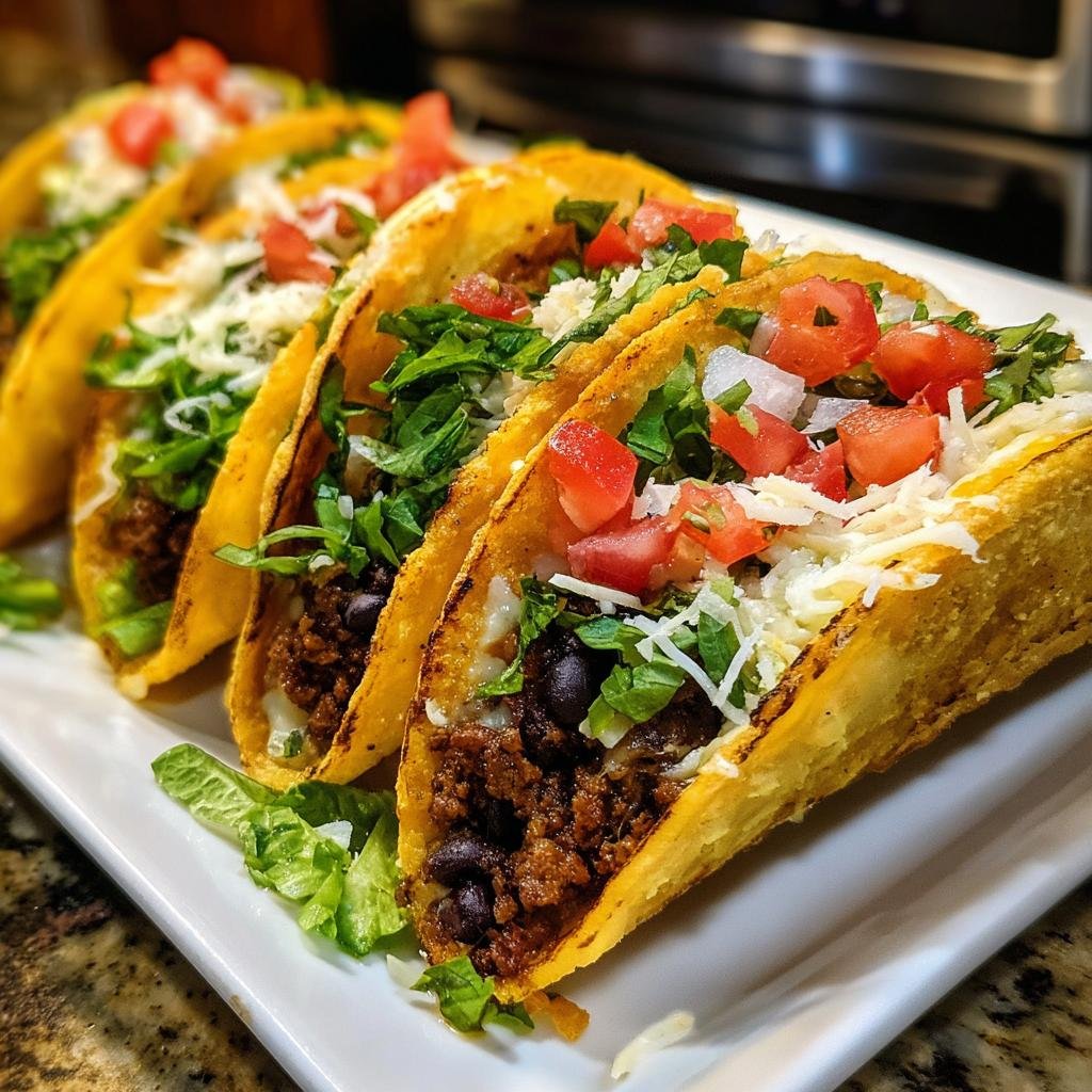 A row of tasty Turkey and Black Bean Tacos filled with meat, beans, cheese, lettuce, and tomatoes.