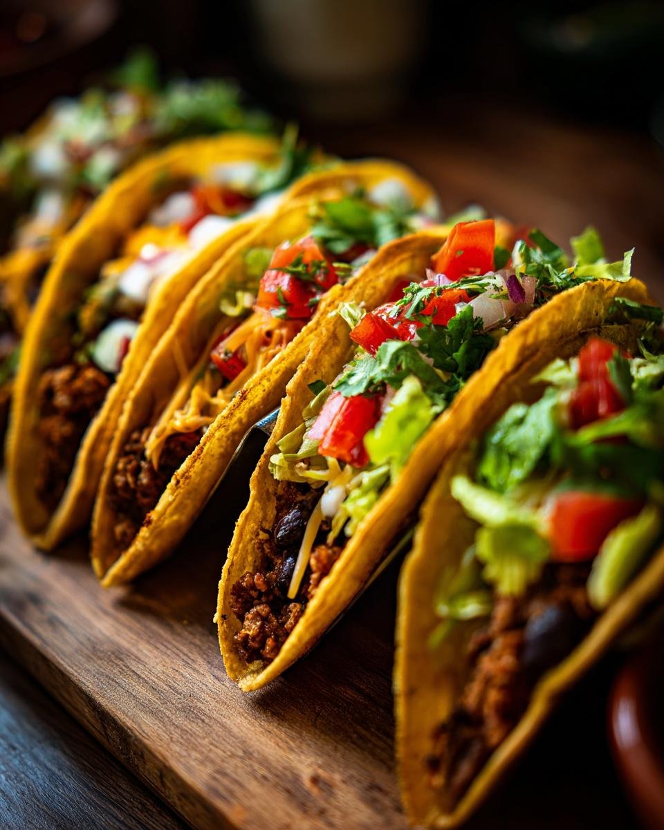 A row of appetizing Turkey and Black Bean Tacos filled with various toppings on a wooden board.